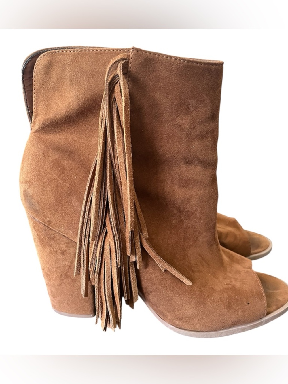 Target Brown Suede Fringe Peep-Toe Wedge Booties